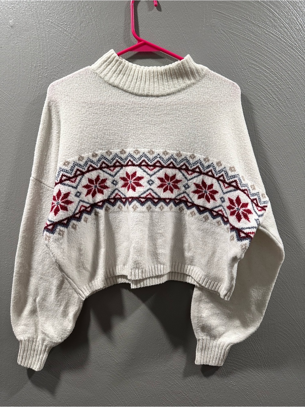 Hollister Cream Mock Neck Fair Isle Cropped Sweater with Red Pattern